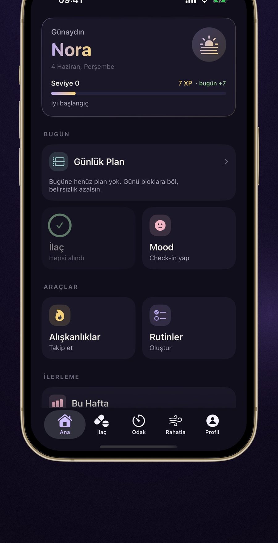 Nöra shows the daily plan, medication status and mood check-in on its home screen.
